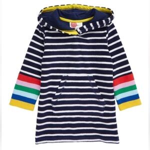 Mini Boden Hooded Towel Swim Cover Up Navy White Stripe Rainbow Cuff Size 7 8